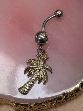 Clear gem gold plated palm tree dangle belly button ring navel ring piercing new